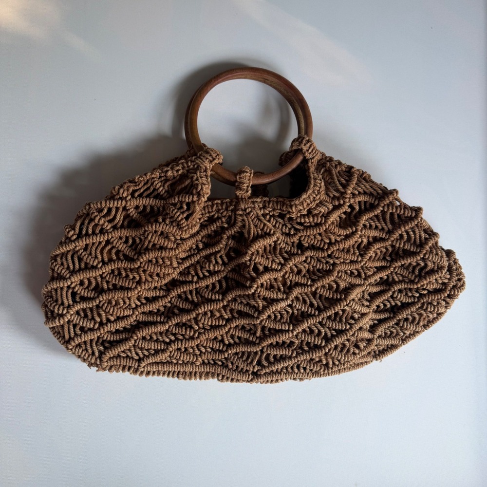Free People Point Break Macrame Handbag Brown Wood Handle Crossbody Boho Bag SS
